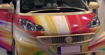 At Lineapelle93 Punto Più (San Mauro Pascoli) presents a car adorned with rhinestones and embroidery